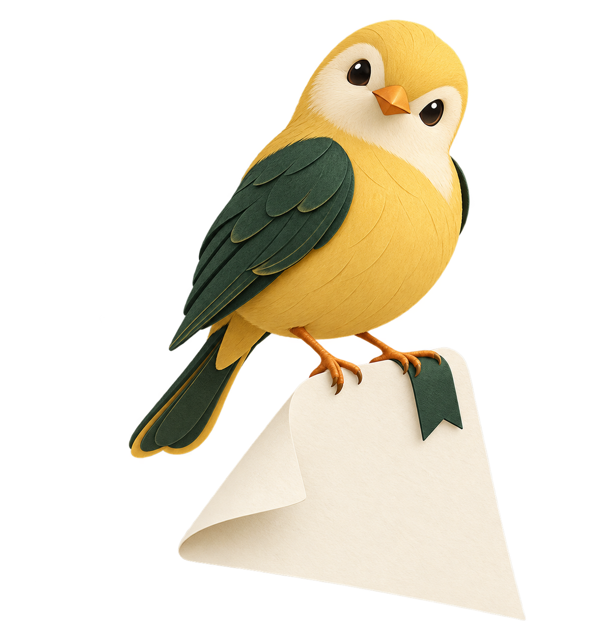 Pip, a golden songbird with pine-green wings perched on a folded paper